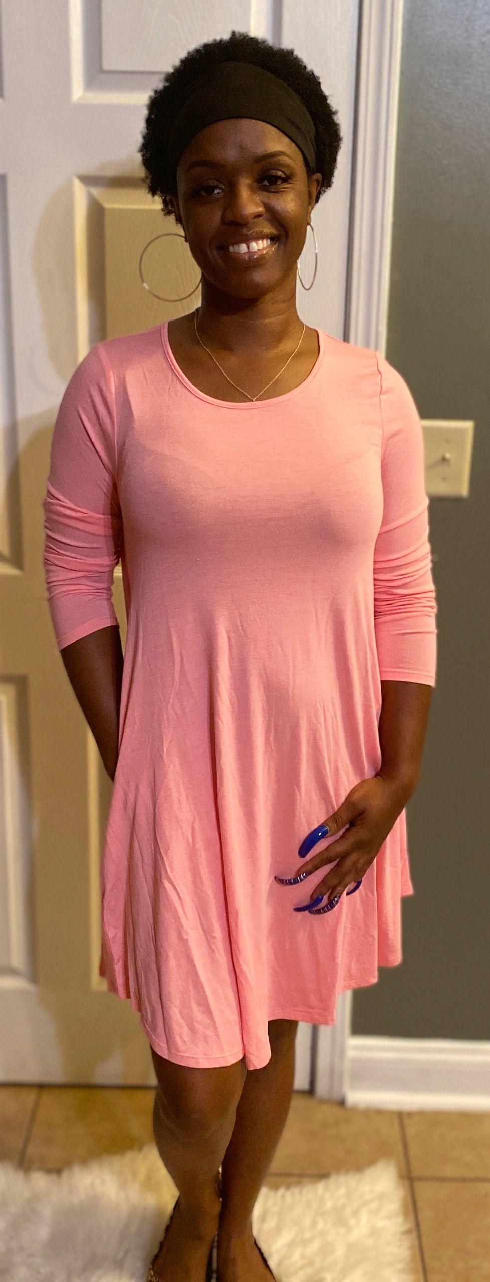 Rose Pink Round Neck Dress w- Pockets