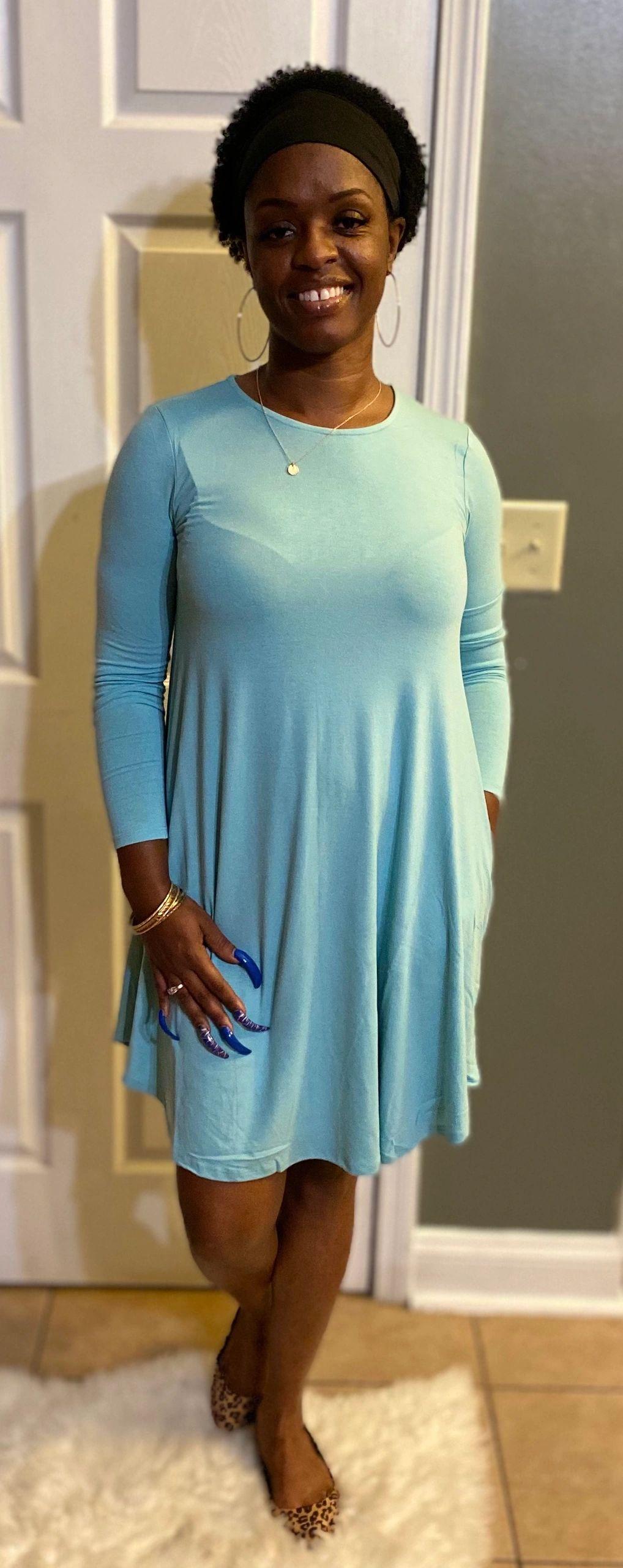 Light Mint Long Sleeve A-line Dress w- Pockets
