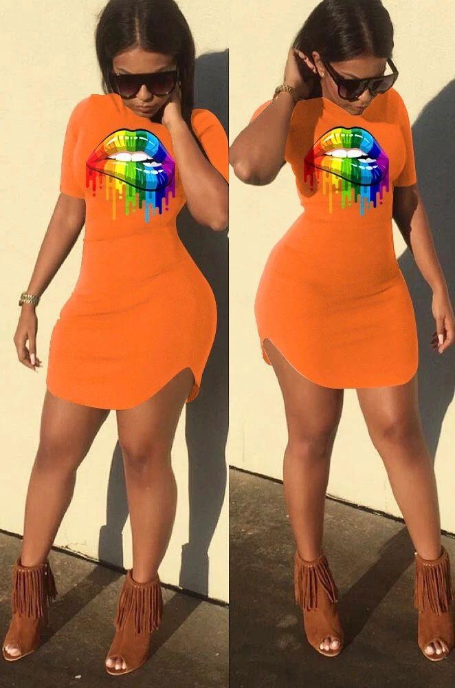 Orange Lip Print Mini Dress