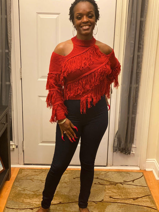 Red Fringe Off Shoulder Sweater
