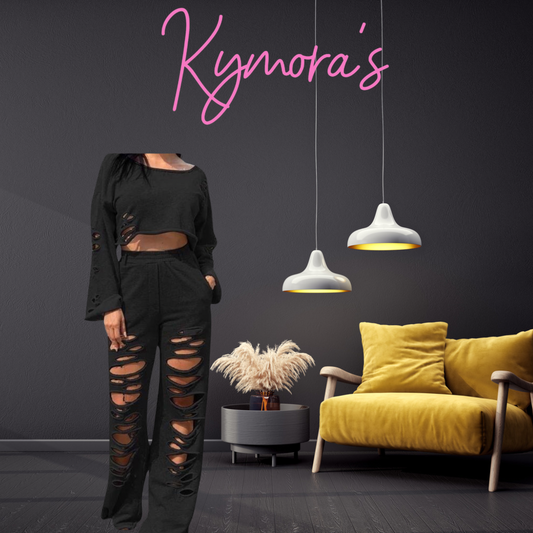 April Ripped Pants Set Black